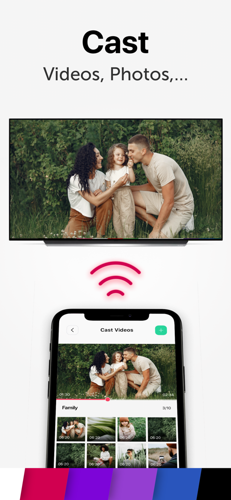 Écran d'iPhone affichant une galerie de photos et diffusant une photo de famille sur une Smart TV.