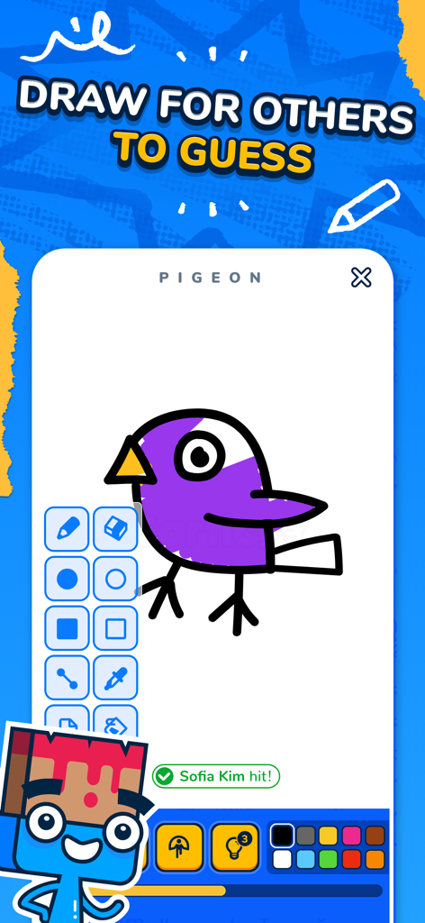 Gartic.io app screenshot showing a purple pigeon drawing with the text Draw for others to guess