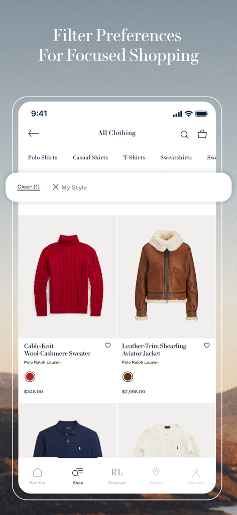 Ralph Lauren: Luxury Shopping - Tela do aplicativo Ralph Lauren mostrando itens de vestuário filtrados, como um suéter de malha canelada vermelho e uma jaqueta de couro estilo aviador, com base nas preferências de estilo do usuário.