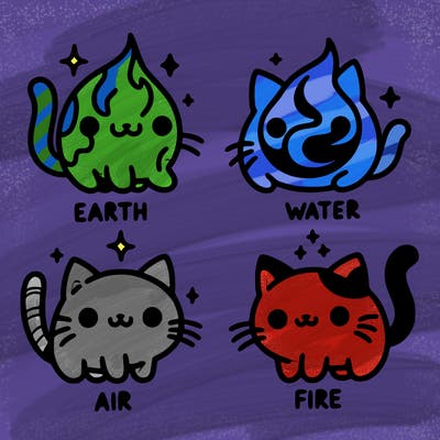 4 cats that represent the different elements, earth, water, air, and fire