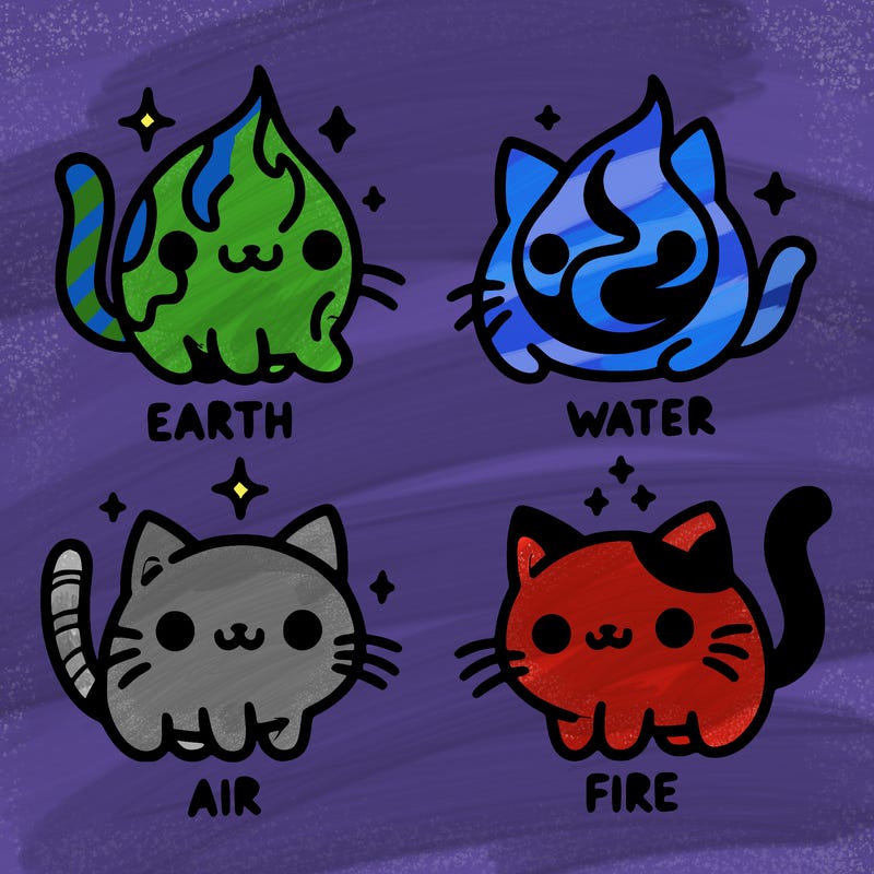 4 cats that represent the different elements, earth, water, air, and fire