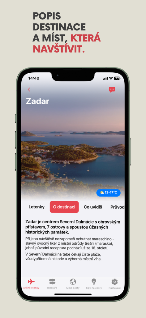 FlyAway: levné letenky, cesty - FlyAway app interface showing destination information and travel tips for Zadar