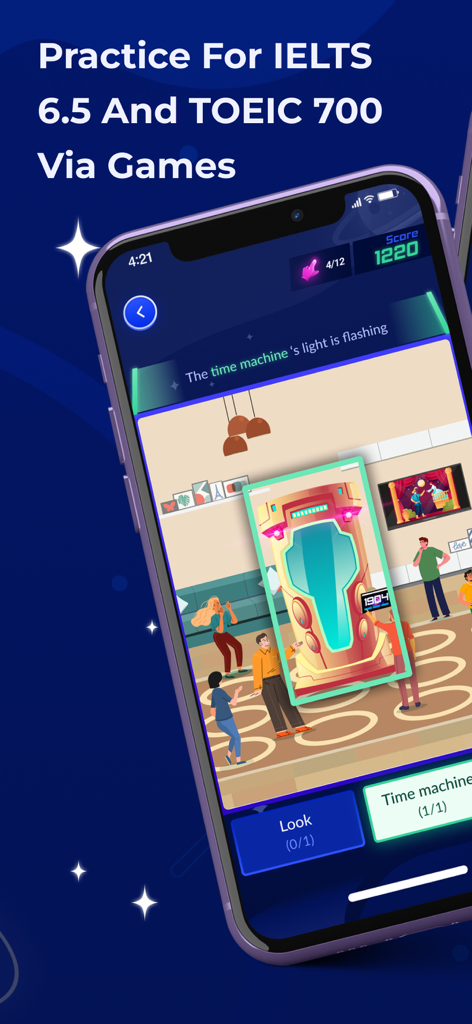 Learning English: Eng Breaking - Eng Breaking app interface showing a gamified learning experience for IELTS and TOEIC preparation.