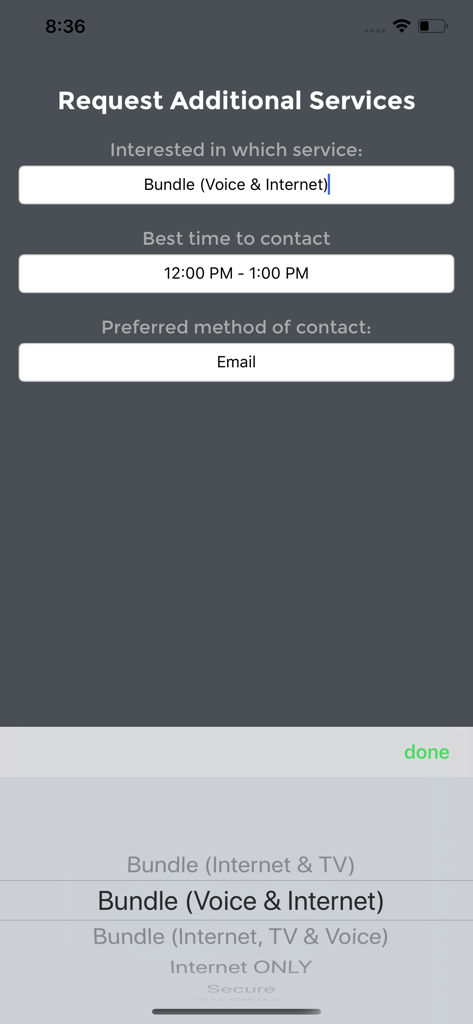 AMPLIA 4U - AMPLIA 4U app screen for requesting additional services and selecting service bundles with contact preferences