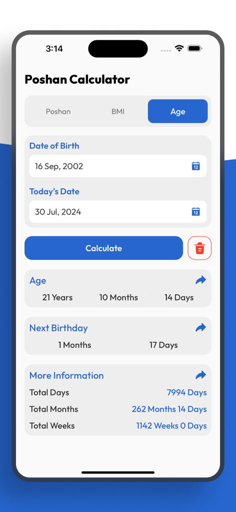 Screenshot of the Poshan Calculator app displaying the age calculation feature with detailed breakdown of years months and days