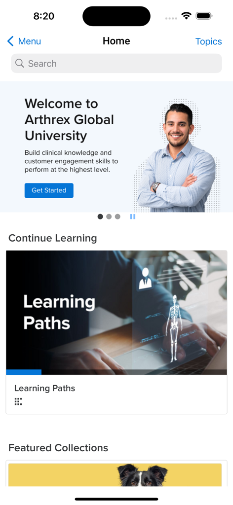 Arthrex Global University - Arthrex Global University mobile app home screen showing training modules and learning paths for medical device professionals