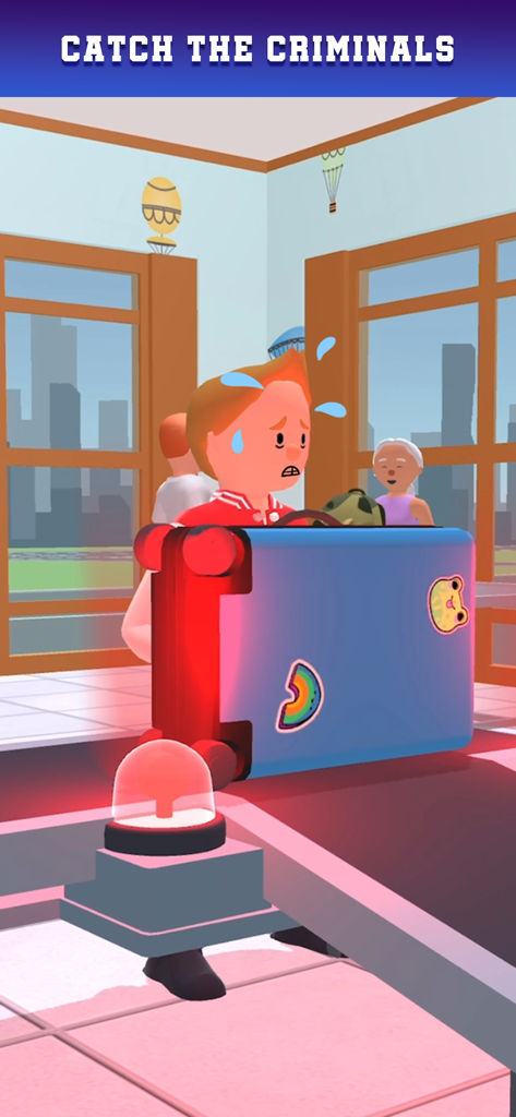 여행 가방이 빨간색 경보등을 울리자 긴장한 캐릭터가 공항 보안 검색대에서 땀을 흘리고 있습니다.