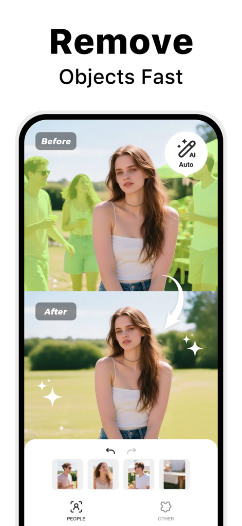 Video Enhancer - Utool - Ein Vorher-Nachher-Vergleich, der die KI-Objektentfernungsfunktion in der Utool-App zeigt, die Personen aus einem Hintergrund entfernt.