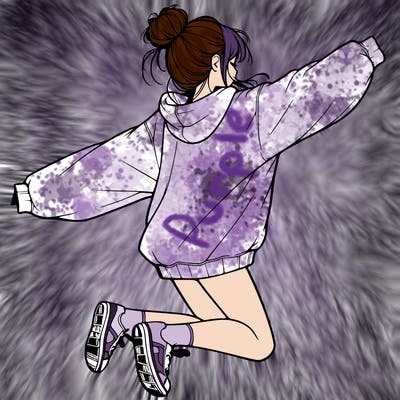realistic girl jumping with a bun and oversized sweatshirt