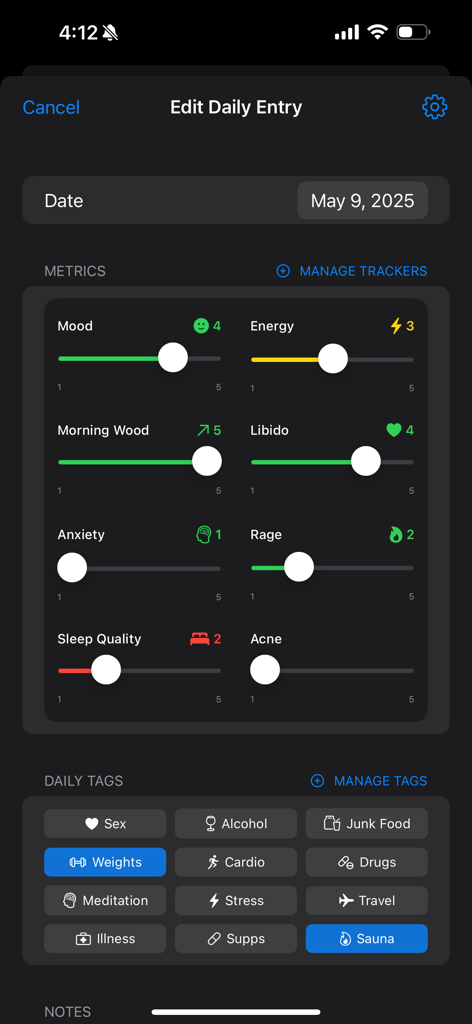 OptiPin | TRT Peptide Tracker - Daily health tracking screen in OptiPin showing sliders for mood and energy plus lifestyle tags