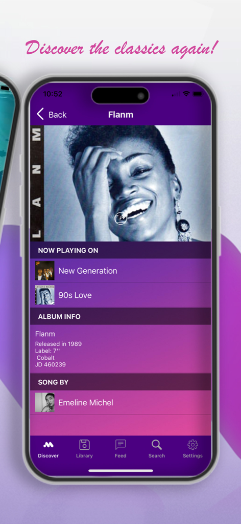 Interfaccia del lettore musicale haitiano dell'app Mizikpam che mostra informazioni sull'album e dettagli dell'artista per Emeline Michel.