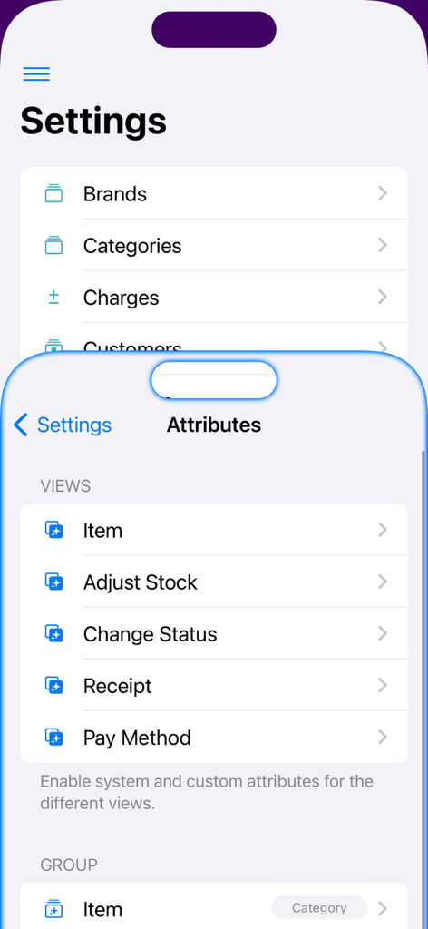 Cash Register for Business - Settings and view attributes screen in the Cash Register for Business app.