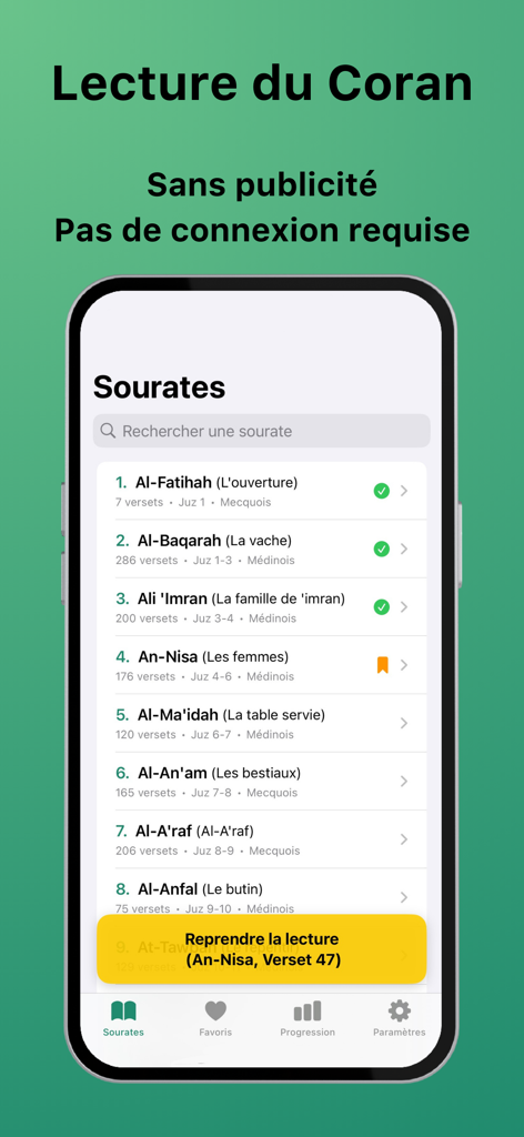 Surah - Screenshot of the Surah app showing the list of Quranic surahs on an iPhone.