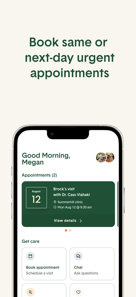Juno Vet - Juno Vet app home screen showing urgent appointment booking and scheduled vet visits