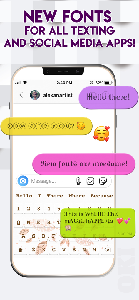 KeyPro – Keyboard Themes Fonts - Pantalla de mensajería de iPhone mostrando varias burbujas de chat coloridas con fuentes estéticas únicas