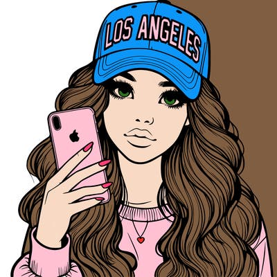 realistic beautiful girl wearing los ángeles cap holding an iphone