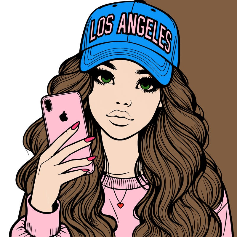 realistic beautiful girl wearing los ángeles cap holding an iphone