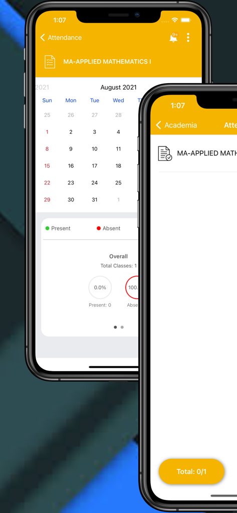 Academia @ Stasy - Academia @ Stasy mobile app interface showing a student attendance calendar and academic statistics