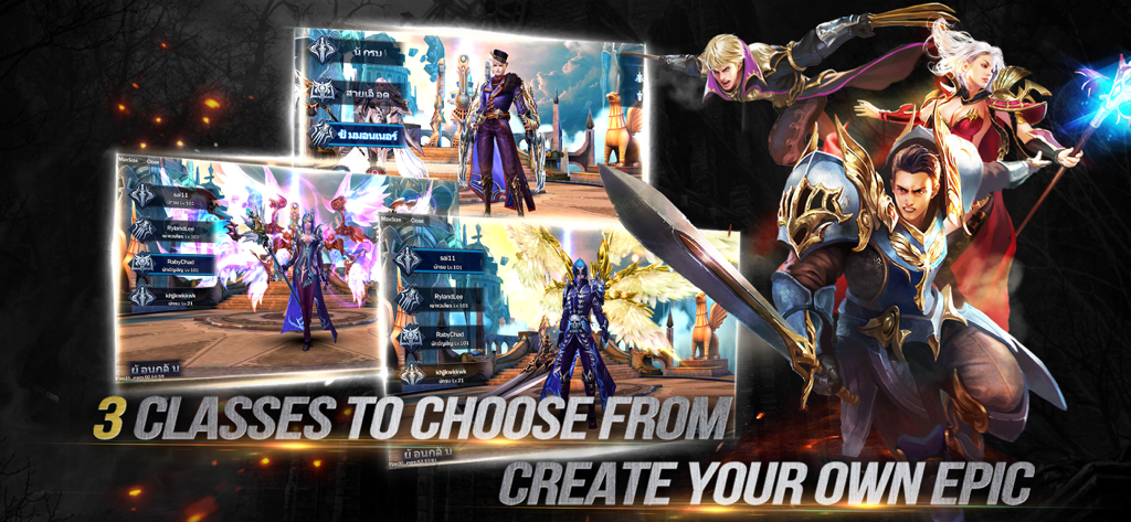 Goddess: Primal Chaos - Character selection screen showing three classes in Goddess Primal Chaos with epic fantasy armor and wings
