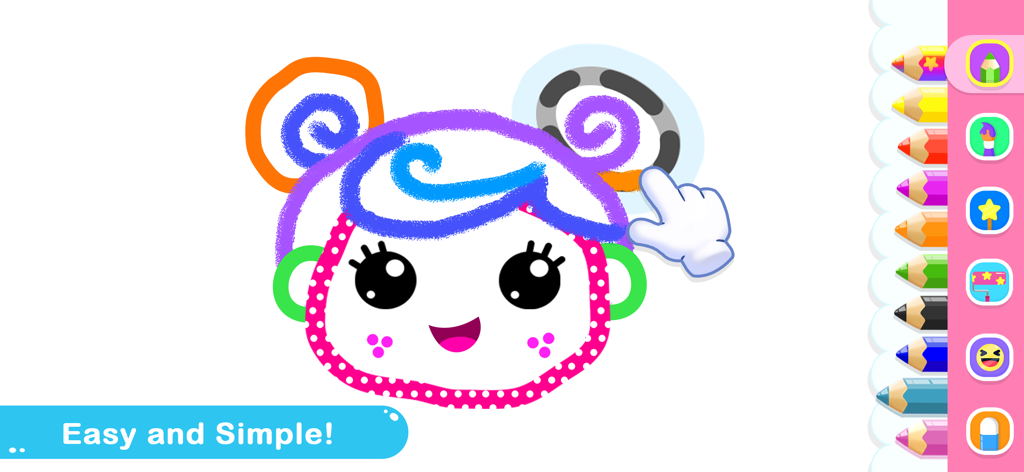 Drawing for Kids Coloring Game - Interfaz del Juego de Dibujo y Coloreo para Niños mostrando un personaje de dibujos animados siendo coloreado con lápices digitales y herramientas de arte.