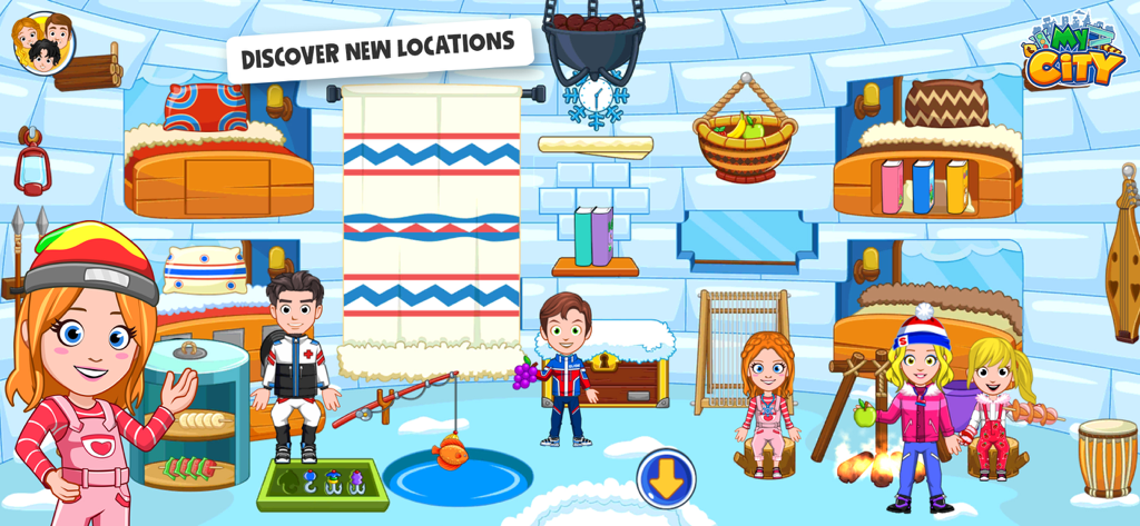 My City : Ski Resort - Cartoon characters inside a decorated igloo with beds and a campfire in My City Ski Resort
