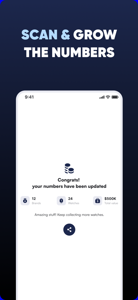 WatchIQ - AI Watch Identifier - WatchIQ app screen displaying watch collection statistics including total value and number of pieces