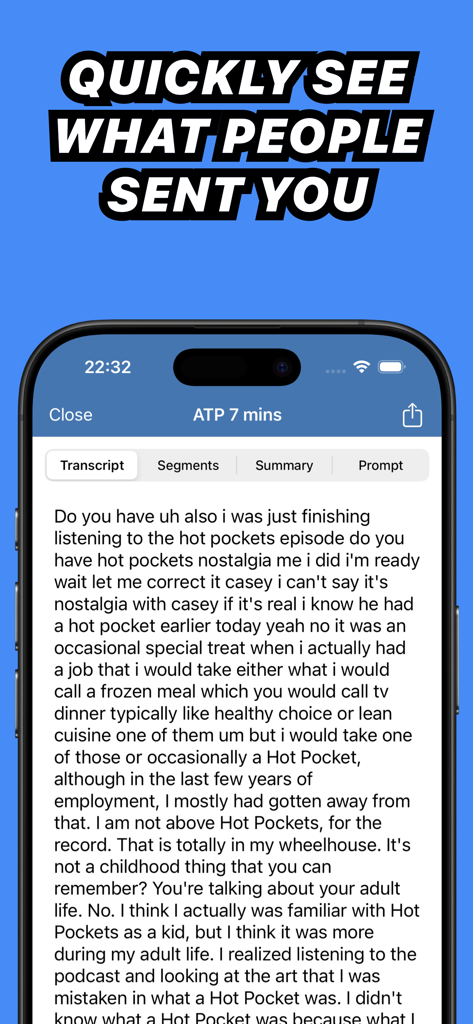 Full text transcript of an audio recording shown in the Whisper Transcription app
