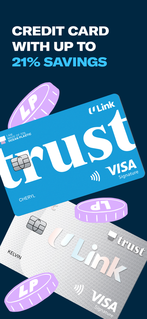 Trust Bank SG - Trust Bank SG credit card promotion advertisement featuring two Visa Signature cards and Linkpoints icons with a claim of up to 21 percent savings