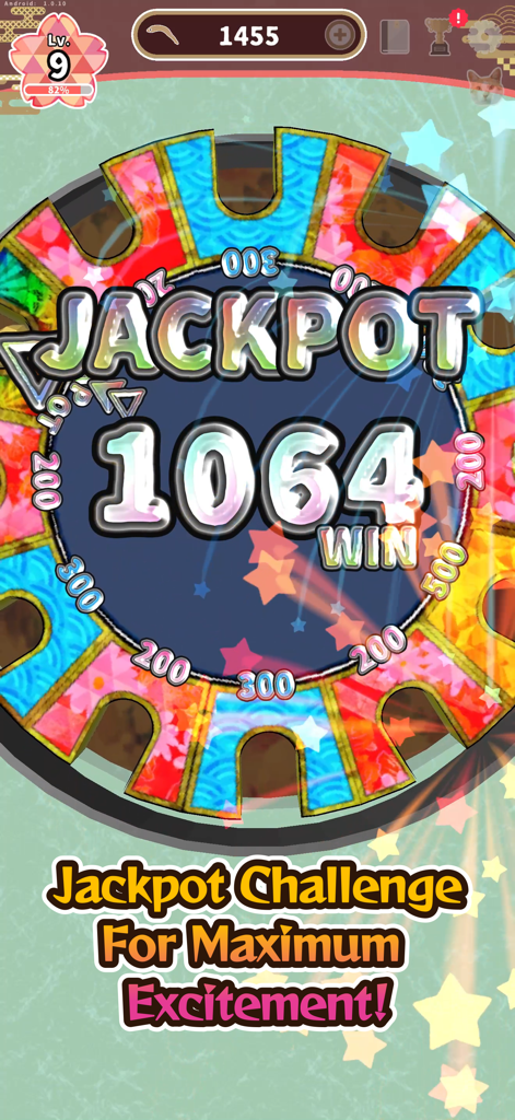 Jako Collection - Jackpot Challenge screen in Jako Collection showing a win of 1064 points with a colorful wheel background
