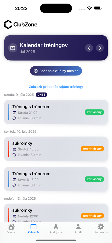 ClubZone Student mobile app training calendar interface showing scheduled sports sessions and enrollment status