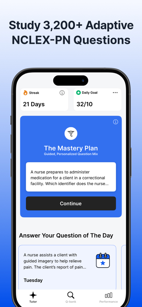 NCLEX PN Mastery Prep - 2026 - Painel de estudo do aplicativo NCLEX PN com questões adaptativas e metas diárias.