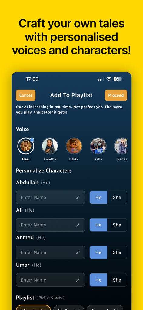 OhoKids - Stories & Learning - Interface of OhoKids app showing options to personalize characters and voices for children audio stories