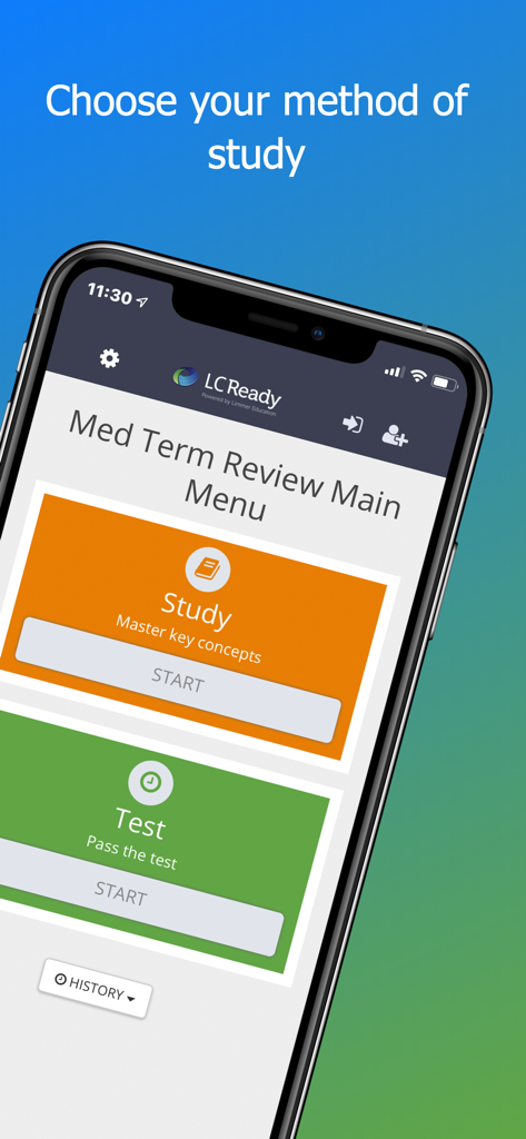 Med Term Review - Main menu of Med Term Review app with options to study concepts or take a test