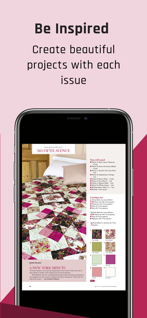 A smartphone displaying a quilt pattern project with material requirements and cutting instructions from the Today's Quilter Magazine app.