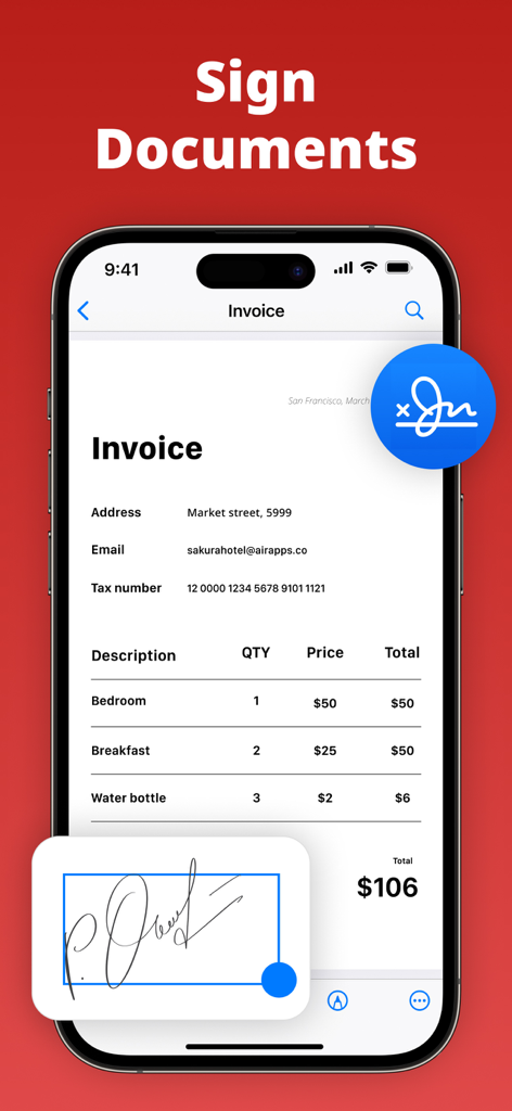 PDF Air - Editor and Converter - A smartphone screen showing the PDF Air app being used to sign an invoice document electronically.