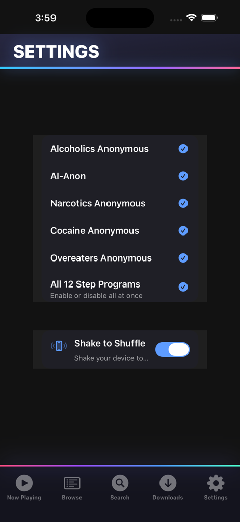 Settings screen of the 12 Steps Speakers app showing program filters for AA and NA and a shake to shuffle toggle