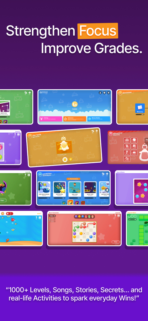 Écrans de l'application Babaoo montrant des jeux et activités basés sur les neurosciences pour améliorer la concentration et les notes des enfants.