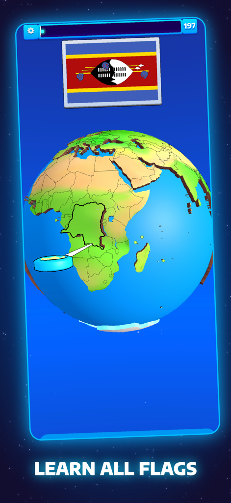 JordGlobe World Geography Game - JordGlobe app interface showing a flag identification quiz with a 3D interactive globe.