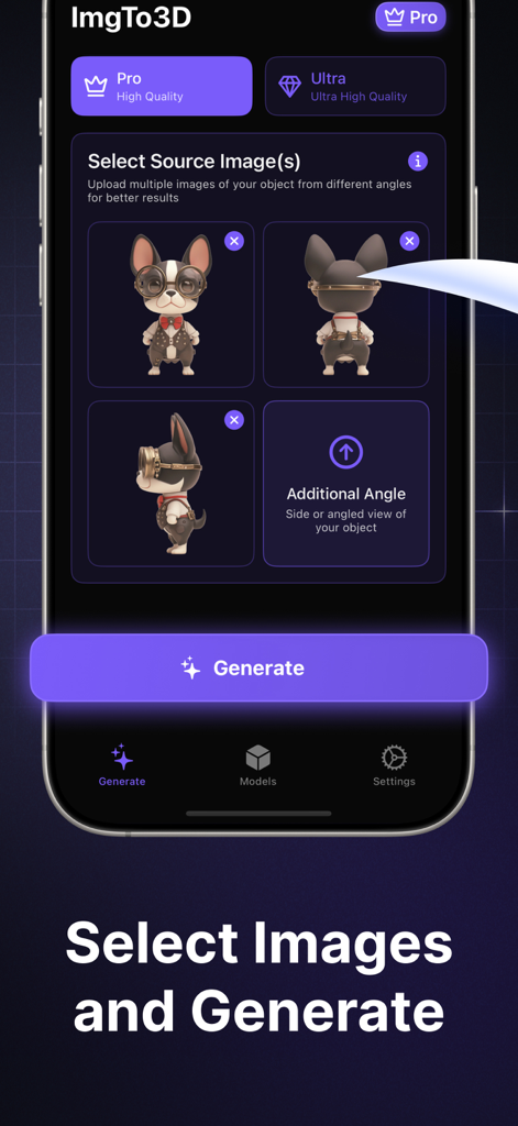 Selecting multiple source images in the ImgTo3D app to generate a 3D model.