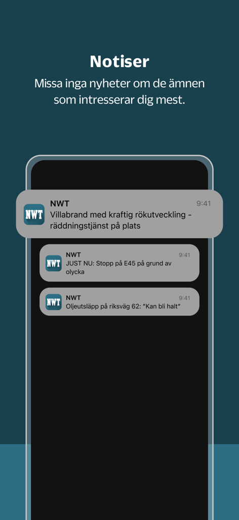 NWT - NWTアプリのスクリーンショット。ローカルニュースや緊急アラートのプッシュ通知が表示されています。