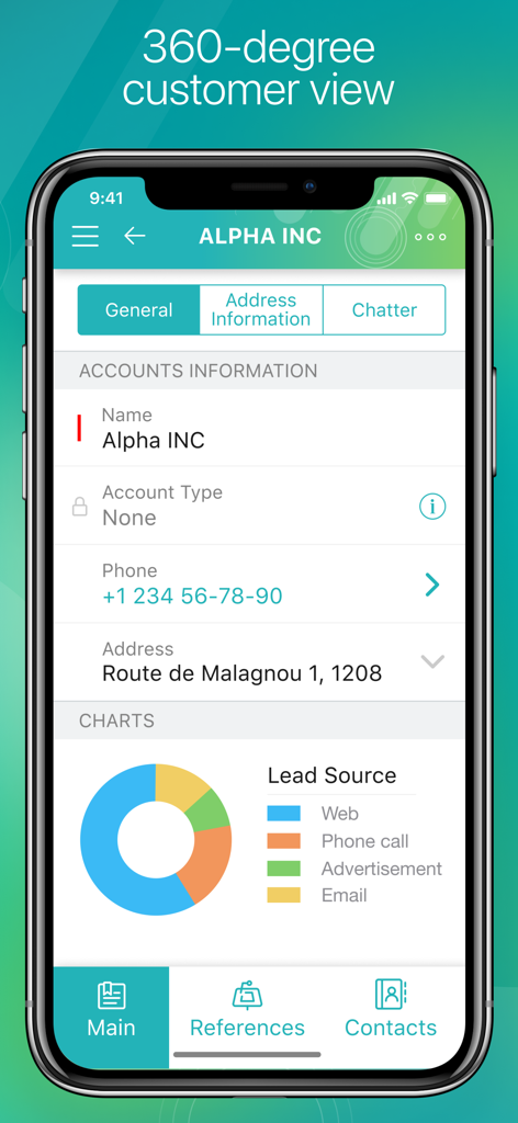 CT Mobile for Salesforce app interface showing a 360 degree customer view with account details and lead source charts