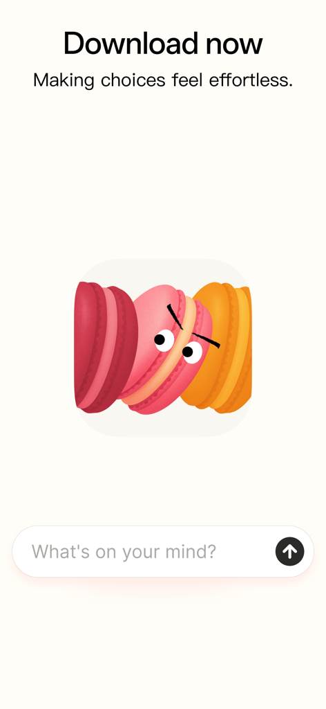 Macaron AI - life tool maker - Écran de téléchargement de l'application Macaron AI avec des personnages macarons colorés et un champ de saisie d'invite pour créer des outils de vie