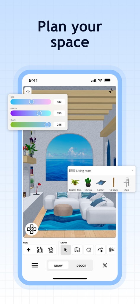 Sweet Home 3D: Plan Your House - 家具選択と色調整ツールが表示された、Sweet Home 3Dアプリの3Dリビングルームデザイン画面