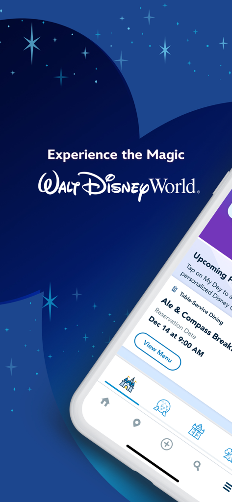A interface do aplicativo My Disney Experience mostrando uma reserva de restaurante próxima e planos de férias para Walt Disney World