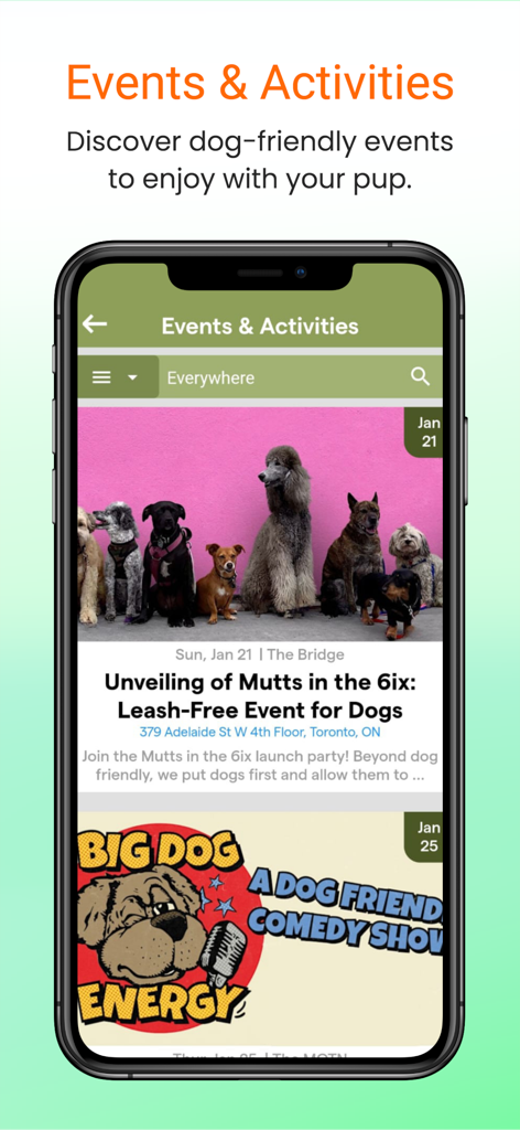 Wag Buddy - Bring Fido Along! - A smartphone displaying the Wag Buddy app screen for discovering dog-friendly events and activities like leash-free parties and comedy shows.