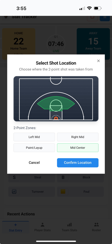 Basketball Stats Tracker - App - Basketball court diagram interface for selecting shot locations in a statistics tracking app