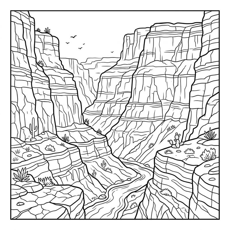 Embark on a coloring journey through a breathtaking canyon landscape, featuring grand rock walls and a serene river. This detailed design invites you to bring the rugged beauty of nature to life with your own artistic touch.