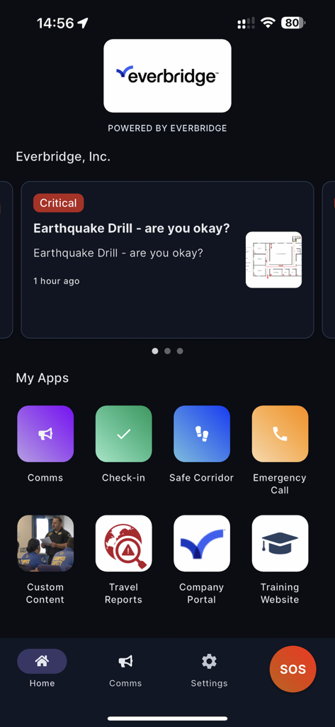 Everbridge 360 - Everbridge 360 mobile app interface showing a critical alert notification and emergency communication features like an SOS button.
