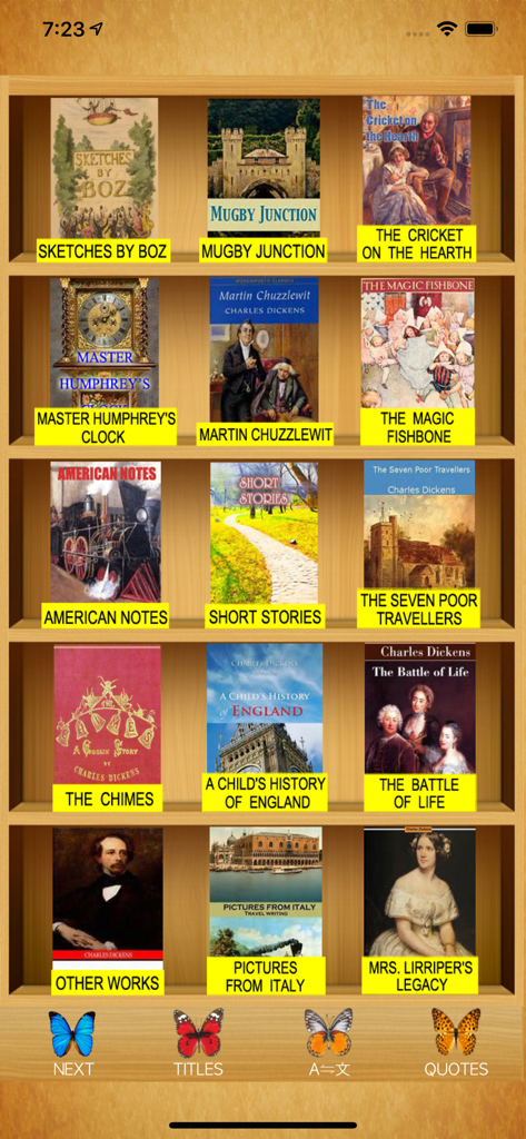 Dickens Books - A digital bookshelf interface in the Dickens Books app displaying various titles by Charles Dickens