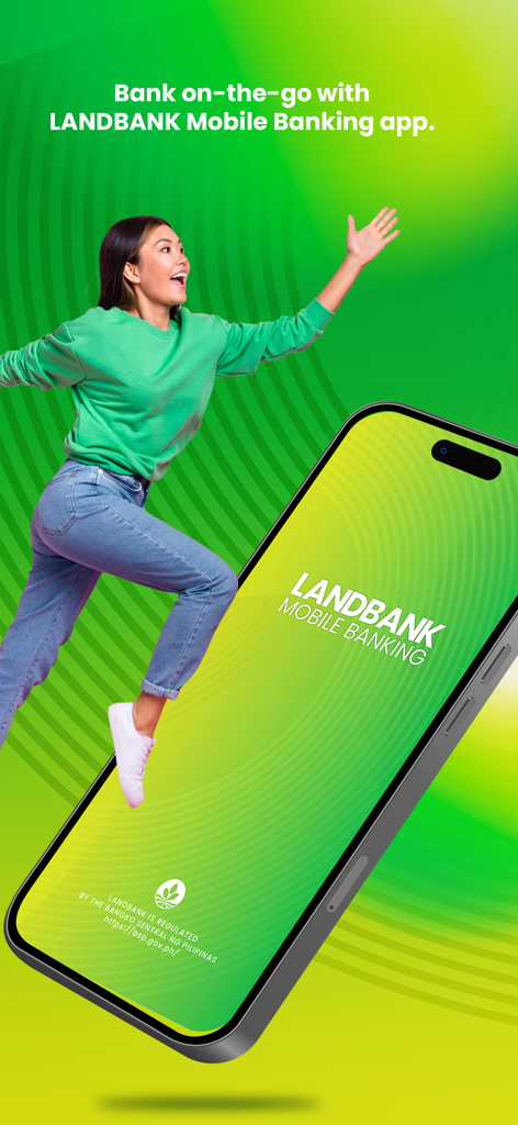 LANDBANK Mobile Banking - 鮮やかな緑色の背景に、LANDBANKモバイルバンキングアプリのホーム画面が表示された大きなスマートフォンの隣で、喜んでジャンプする女性